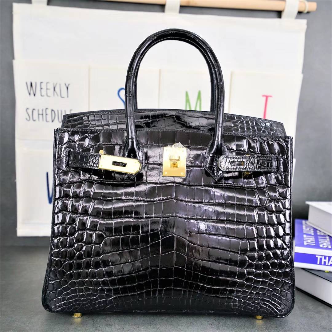 Hermes包包官网 爱马仕黑色亮面两点鳄鱼皮铂金包Birkin30CM 金扣