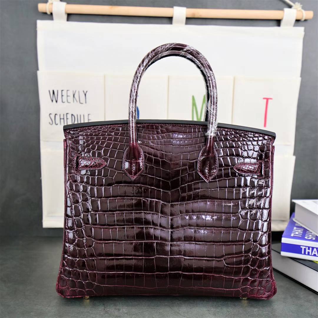 爱马仕Birkin女包 Hermes波尔多酒红亮面鳄鱼皮铂金包Birkin30CM 金扣