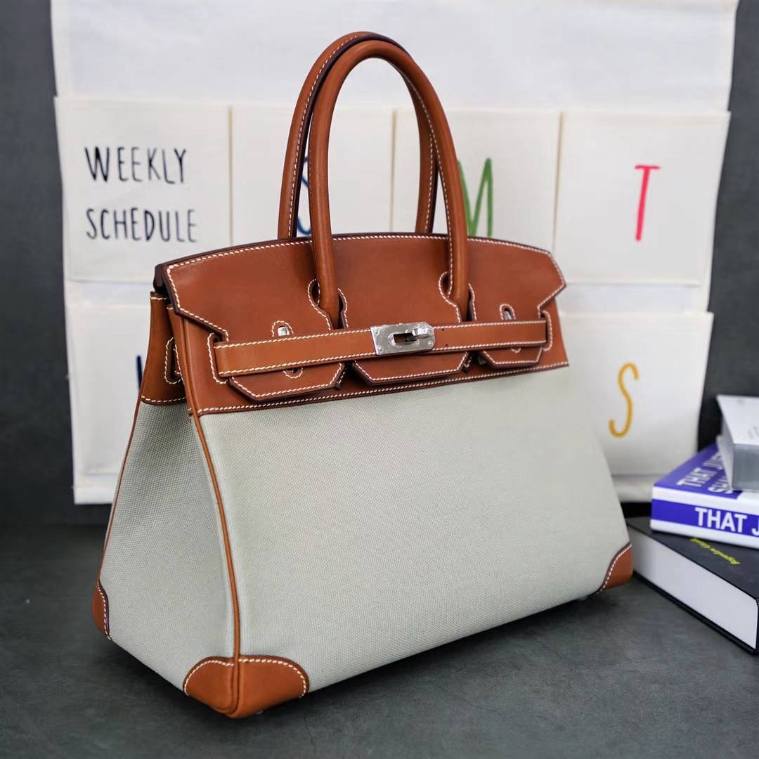 爱马仕Birkin30铂金包 Hermes金色马鞍皮拼灰色帆布Birkin女包 银扣