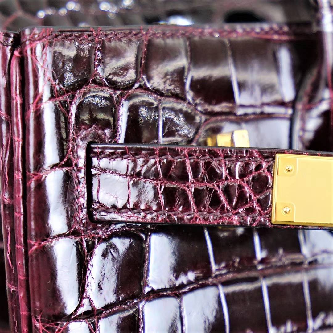 爱马仕Birkin女包 Hermes波尔多酒红亮面鳄鱼皮铂金包Birkin30CM 金扣