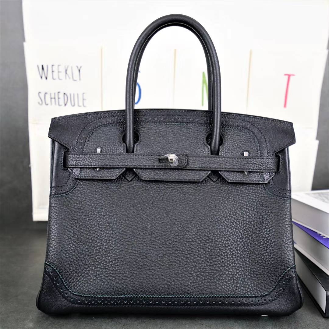爱马仕蕾丝款铂金包 Hermes Birkin30CM 黑色顶级Togo牛皮 银扣