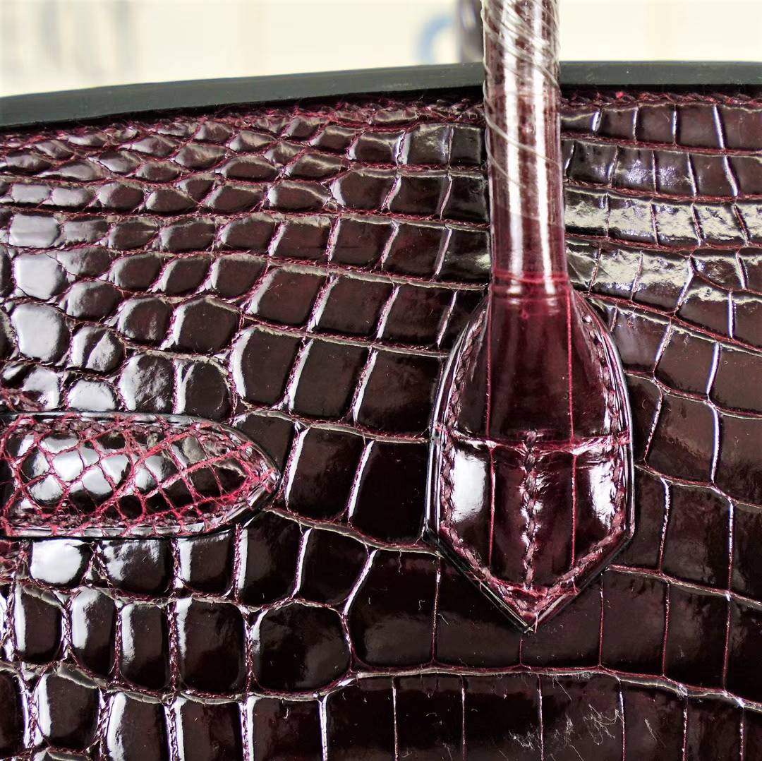 爱马仕Birkin女包 Hermes波尔多酒红亮面鳄鱼皮铂金包Birkin30CM 金扣