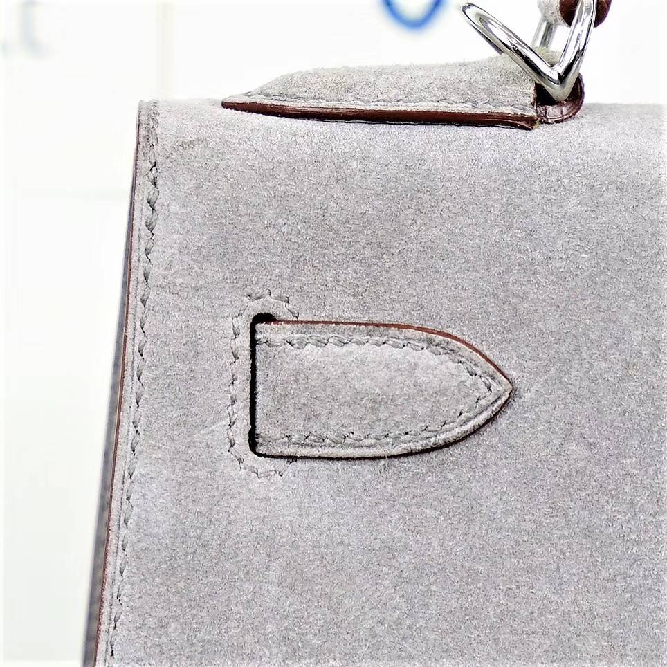 Hermes Kelly32CM 爱马仕8F锡器灰原厂顶级麂皮凯莉包 银扣