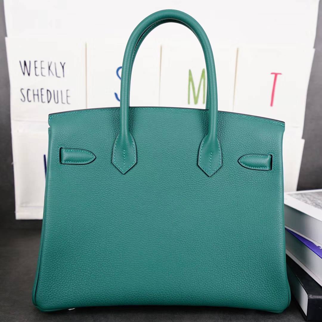 爱马仕Birkin包包 Hermes顶级Togo牛皮铂金包30CM Z6孔雀绿 金扣