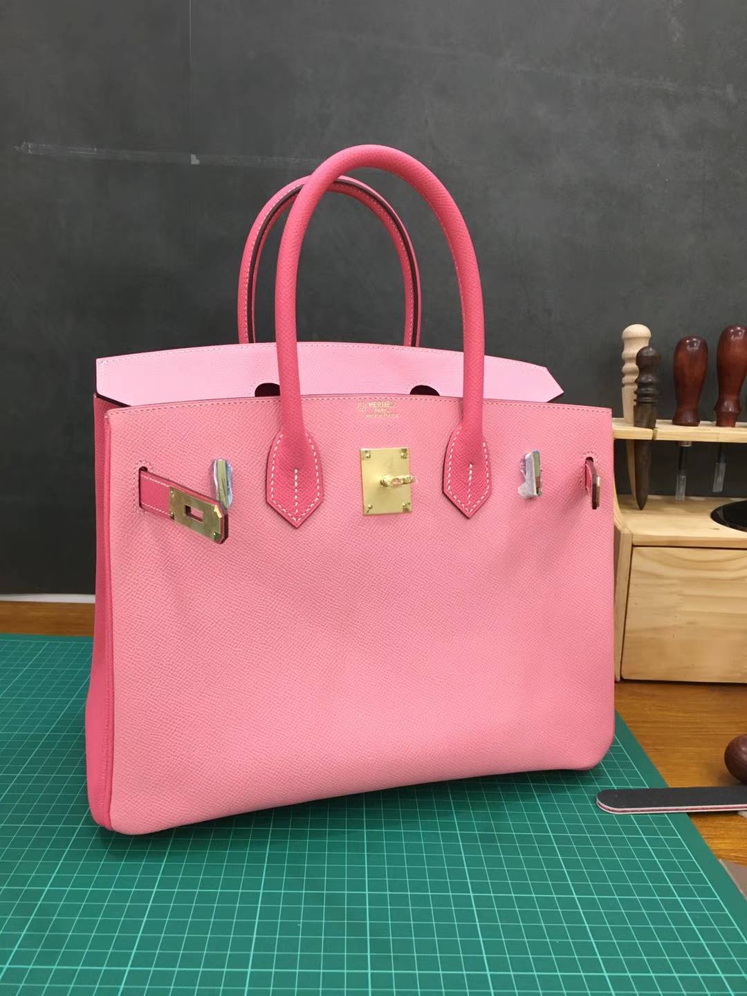 爱马仕拼色铂金包 Hermes Birkin30CM E5糖果粉拼1Q奶昔粉Epsom牛皮 金扣