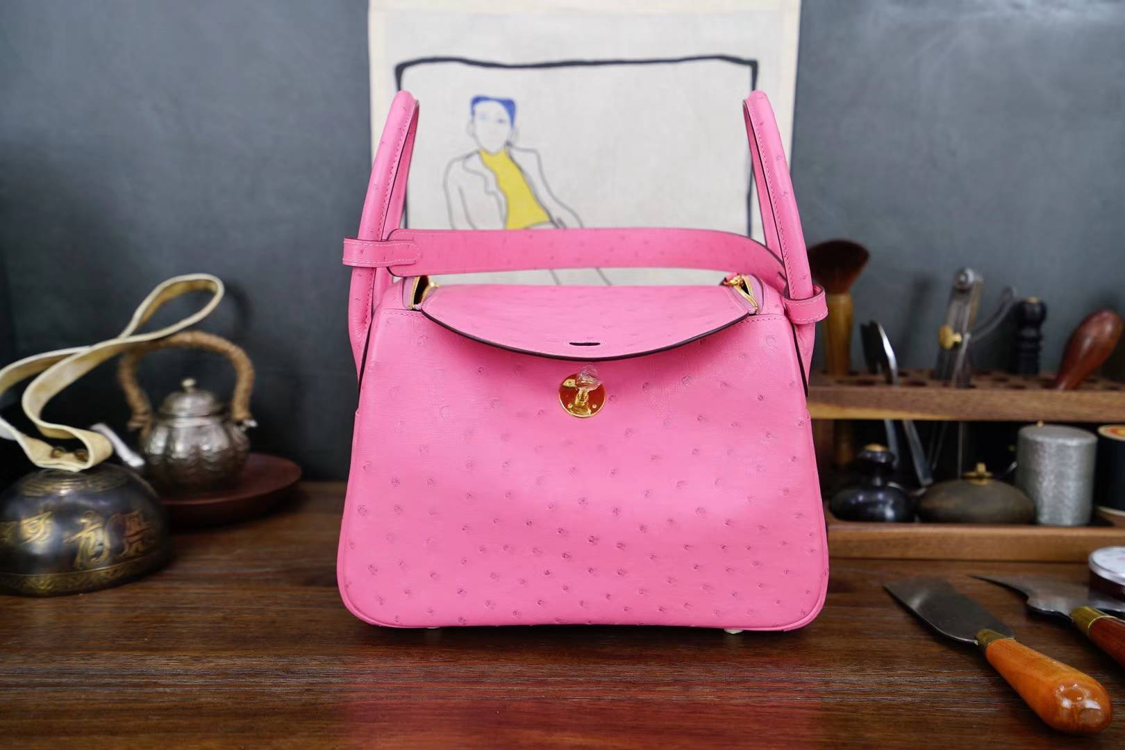 Hermes Lindy30CM 爱马仕5P樱花粉顶级鸵鸟皮琳迪包 金扣