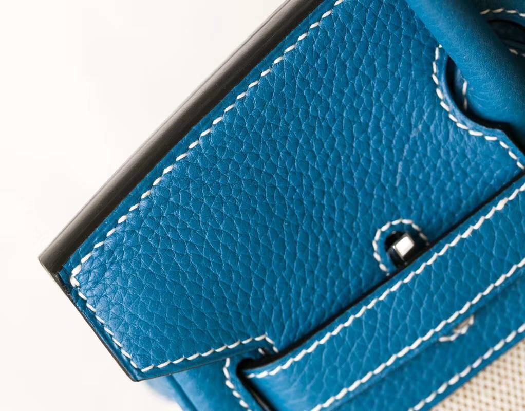 爱马仕拼色铂金包 Hermes牛仔蓝Togo牛皮拼奶昔白帆布Birkin30CM 银扣