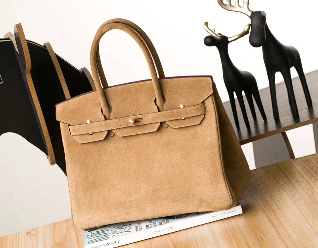 Hermes包包官网 爱马仕原厂顶级麂皮Birkin30铂金包金色 金扣