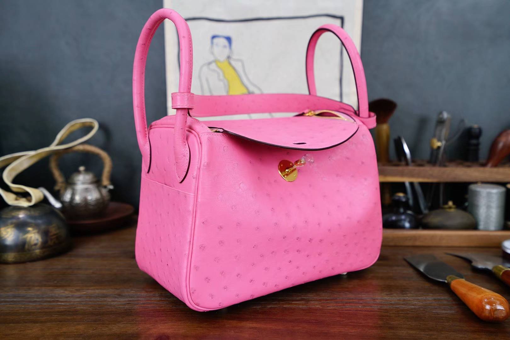 Hermes Lindy30CM 爱马仕5P樱花粉顶级鸵鸟皮琳迪包 金扣