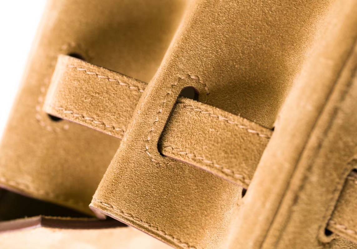 Hermes包包官网 爱马仕原厂顶级麂皮Birkin30铂金包金色 金扣
