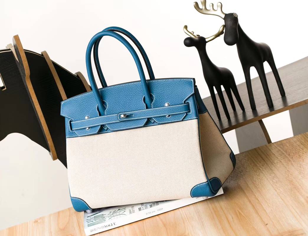 爱马仕拼色铂金包 Hermes牛仔蓝Togo牛皮拼奶昔白帆布Birkin30CM 银扣
