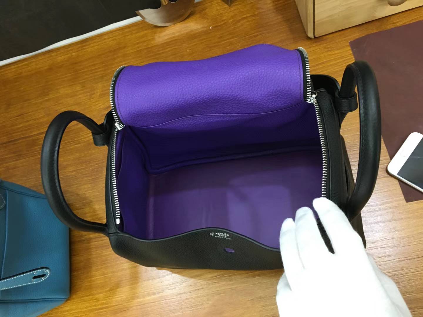 爱马仕琳迪包 Hermes Lindy30CM 黑色内拼梦幻紫顶级Togo牛皮 银扣