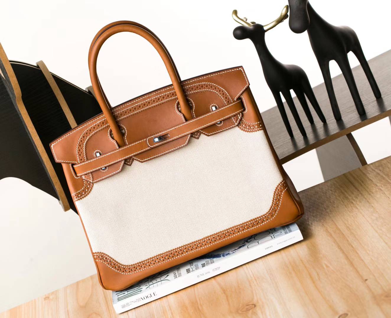 爱马仕蕾丝款铂金包 Hermes Birkin30CM 金色Swift牛皮拼奶昔白帆布 银扣