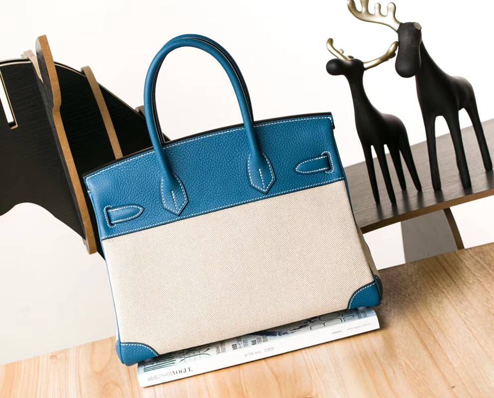 爱马仕拼色铂金包 Hermes牛仔蓝Togo牛皮拼奶昔白帆布Birkin30CM 银扣