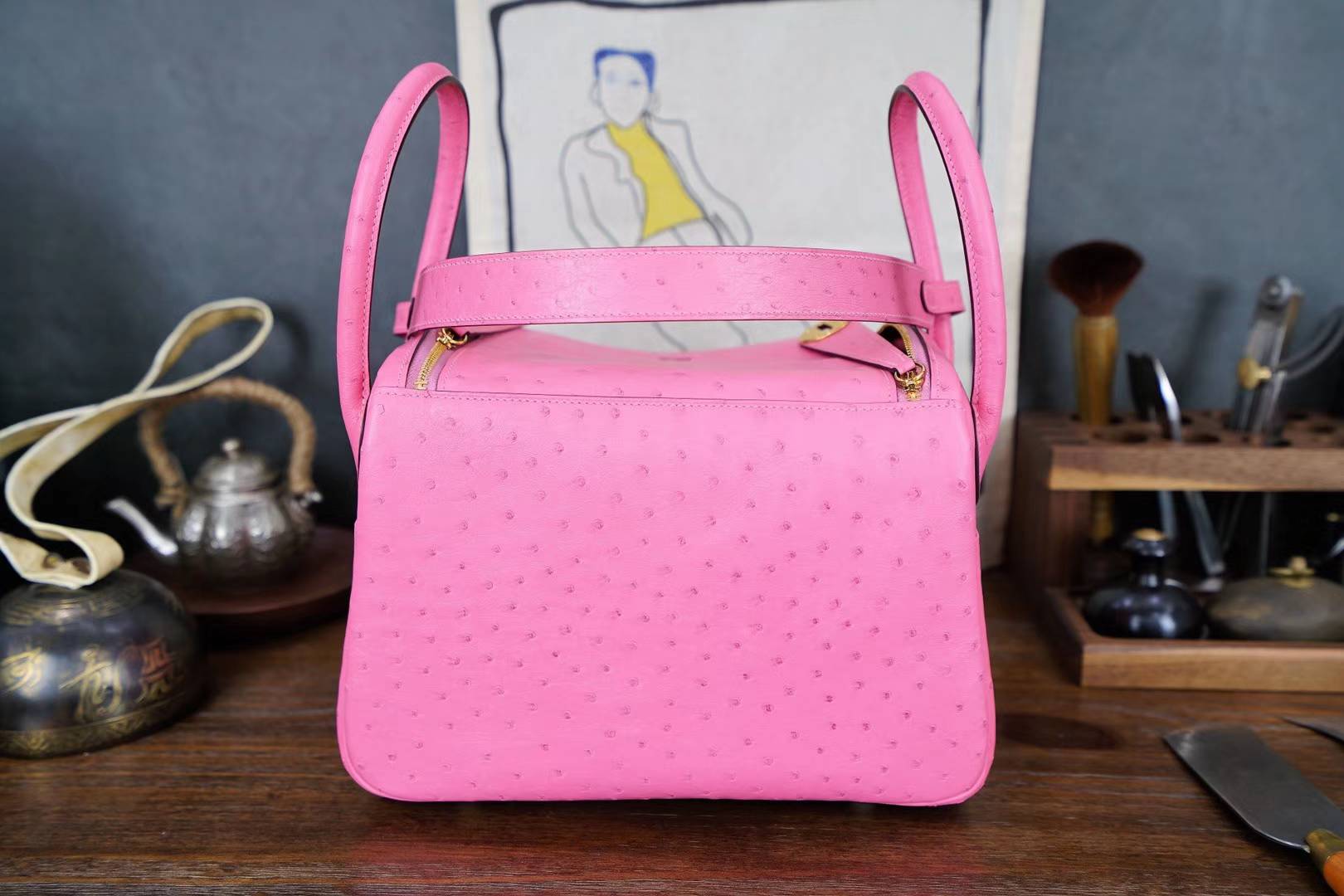 Hermes Lindy30CM 爱马仕5P樱花粉顶级鸵鸟皮琳迪包 金扣