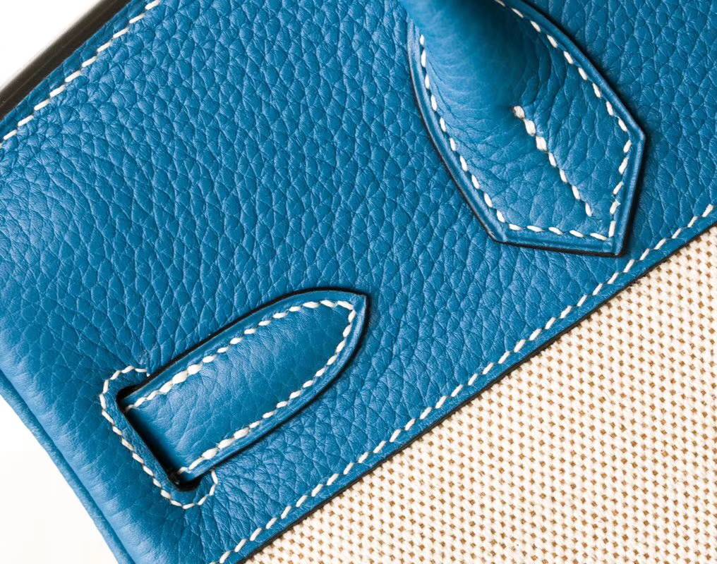 爱马仕拼色铂金包 Hermes牛仔蓝Togo牛皮拼奶昔白帆布Birkin30CM 银扣