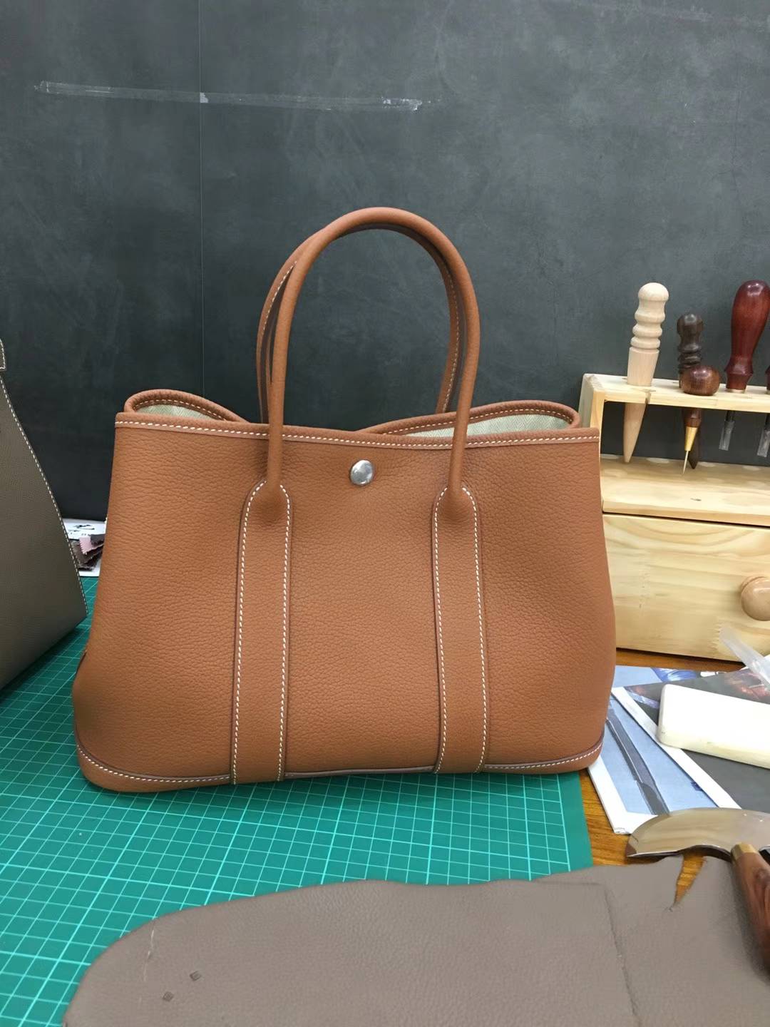 爱马仕花园包 Hermes Garden Party CK37金色原厂荔枝纹牛皮手提女包30cm