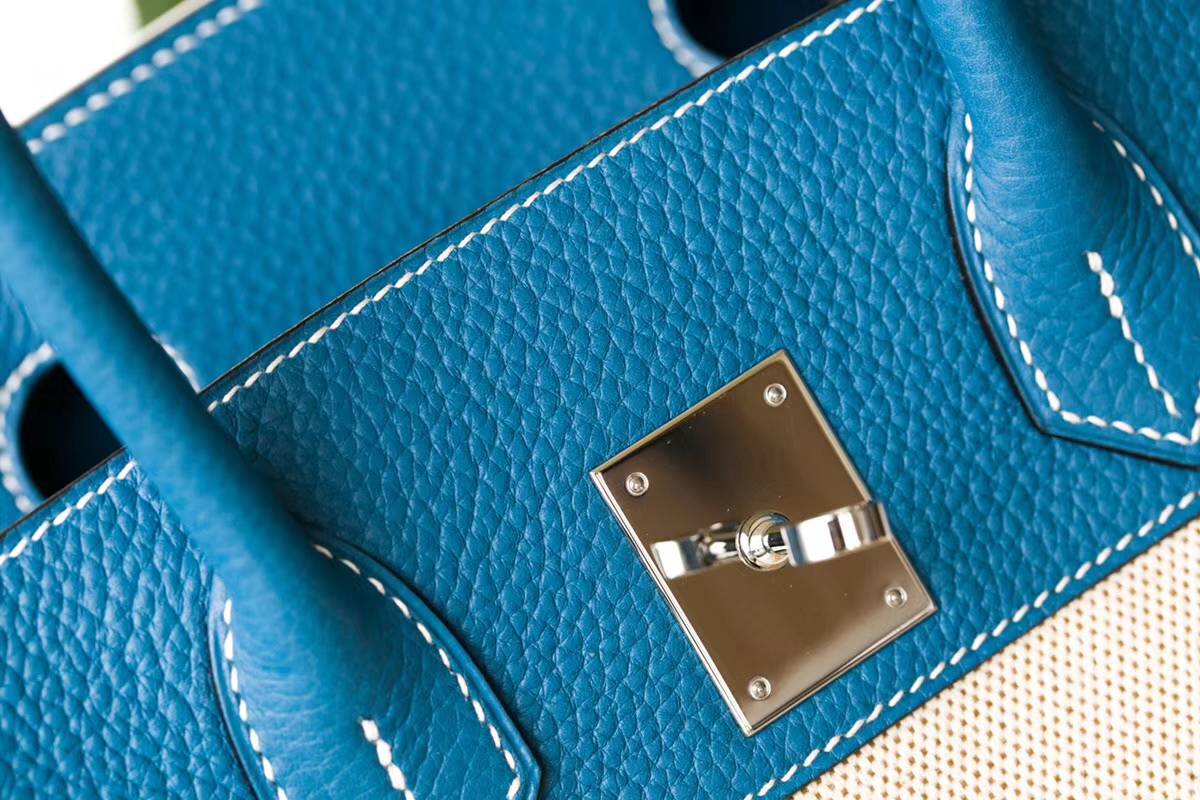 爱马仕拼色铂金包 Hermes牛仔蓝Togo牛皮拼奶昔白帆布Birkin30CM 银扣