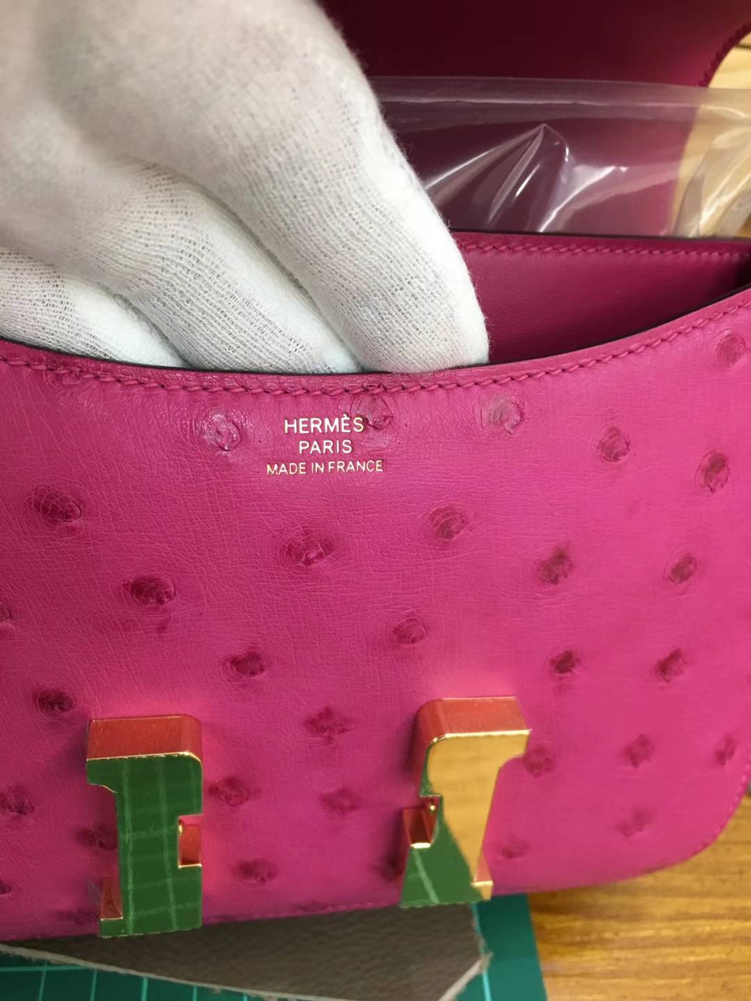 Hermes Constance19CM 爱马仕5J桃红色顶级鸵鸟皮空姐包 金扣