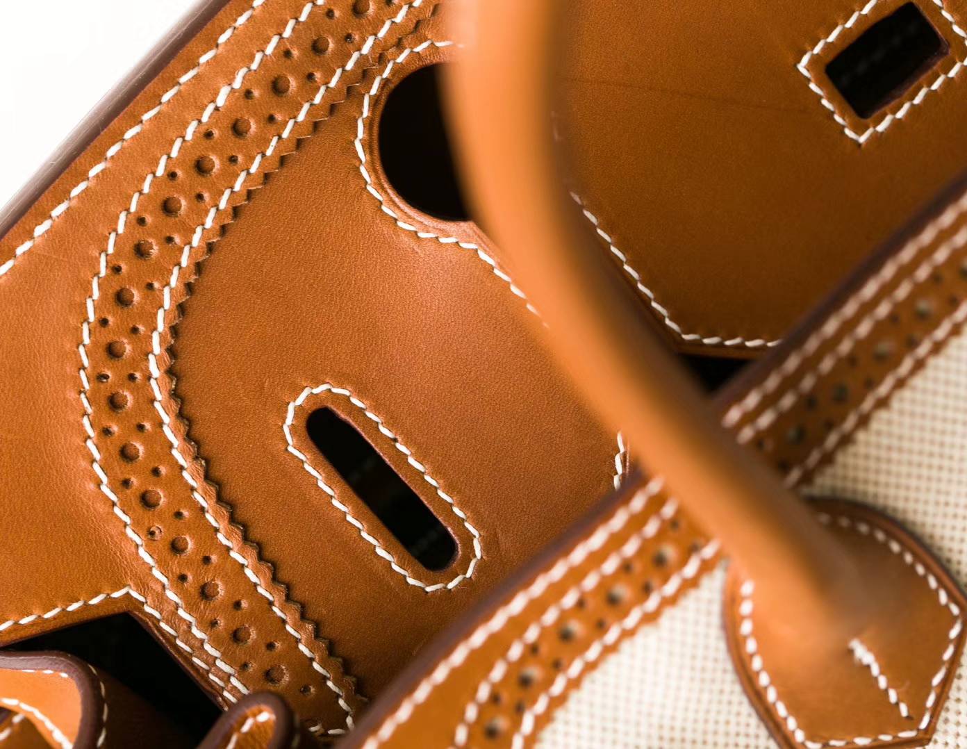 爱马仕蕾丝款铂金包 Hermes Birkin30CM 金色Swift牛皮拼奶昔白帆布 银扣