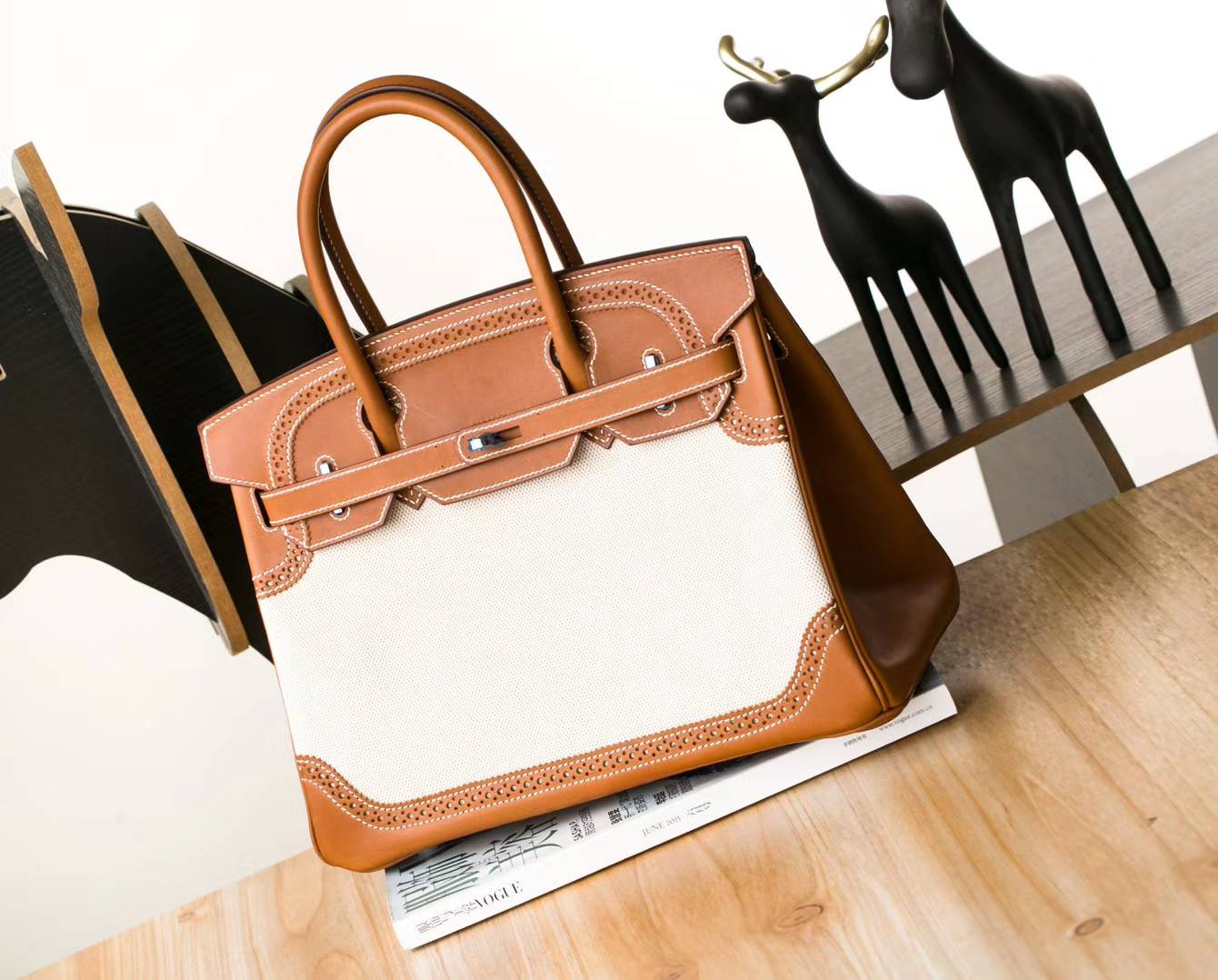 爱马仕蕾丝款铂金包 Hermes Birkin30CM 金色Swift牛皮拼奶昔白帆布 银扣
