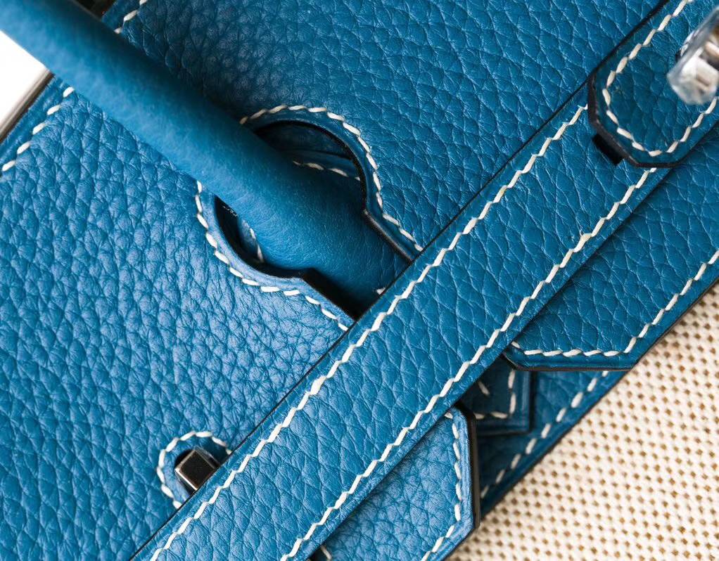爱马仕拼色铂金包 Hermes牛仔蓝Togo牛皮拼奶昔白帆布Birkin30CM 银扣