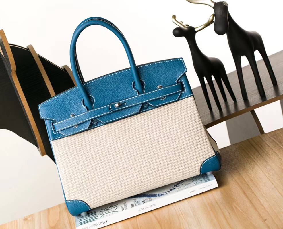 爱马仕拼色铂金包 Hermes牛仔蓝Togo牛皮拼奶昔白帆布Birkin30CM 银扣
