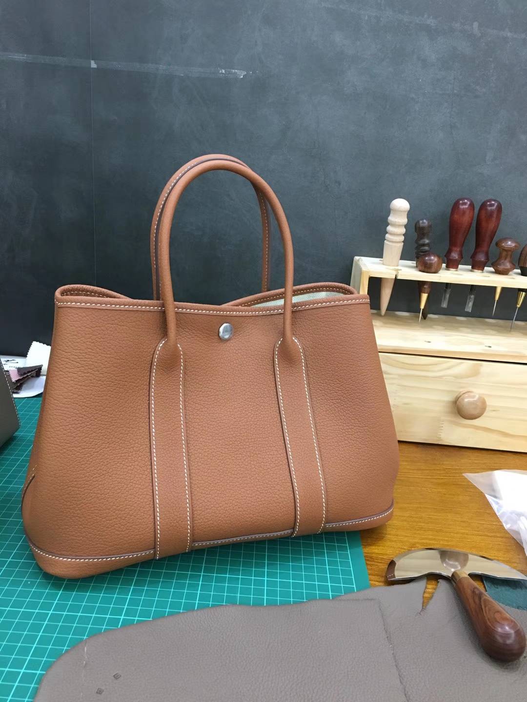 爱马仕花园包 Hermes Garden Party CK37金色原厂荔枝纹牛皮手提女包30cm