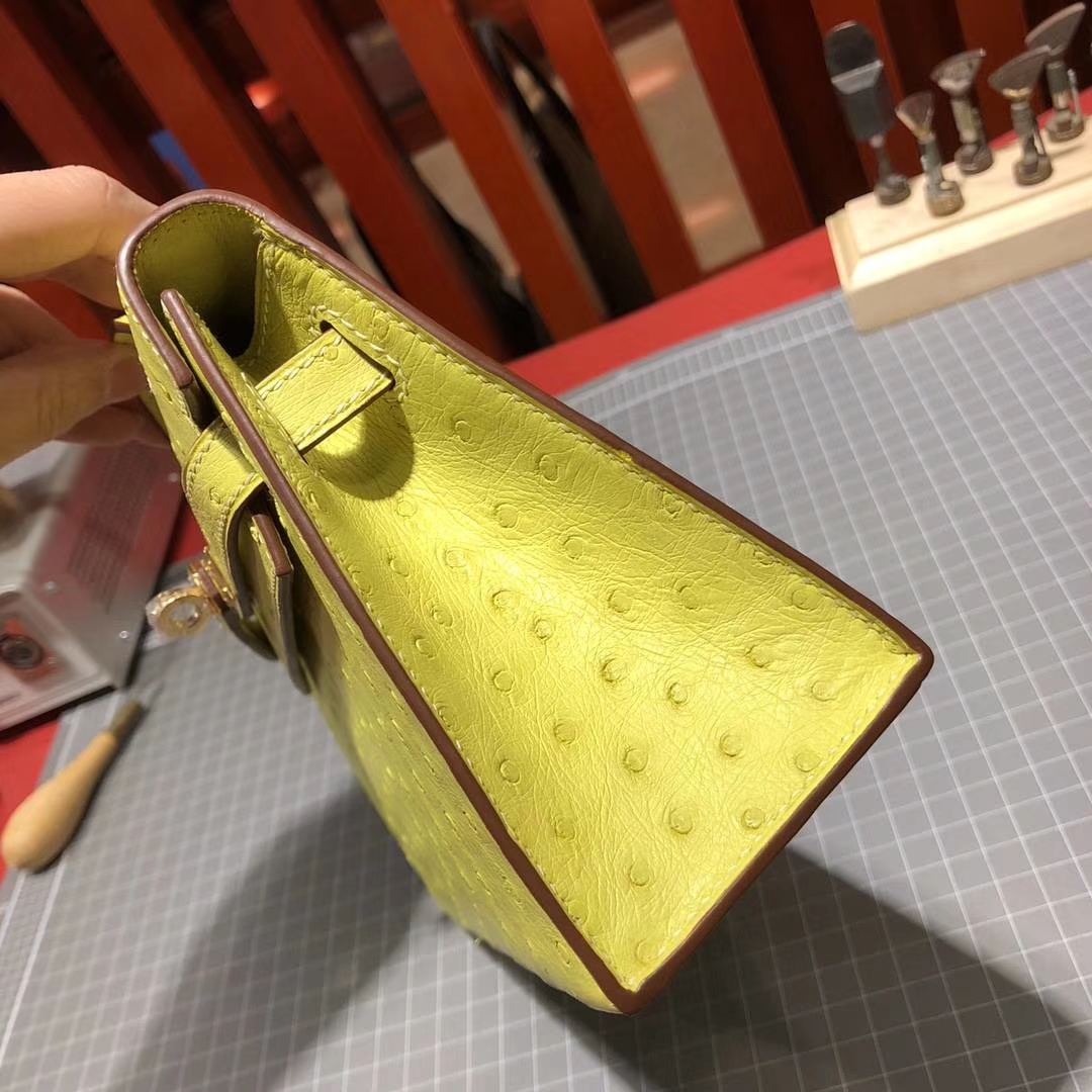 Hermes Minikelly22CM 爱马仕顶级鸵鸟皮9R柠檬黄迷你凯莉包手包 金扣
