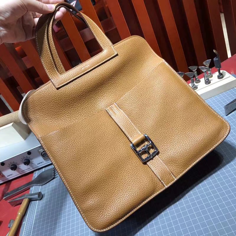 爱马仕包包价格 Hermes Stock Halzan 土黄色荔枝纹牛皮手提斜挎包