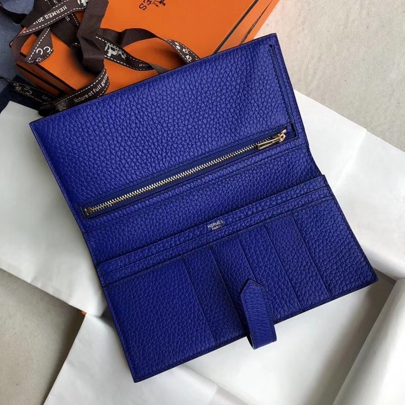 爱马仕钱包批发 Hermes Bearn电光蓝荔枝纹牛皮西装夹长款钱夹 金扣