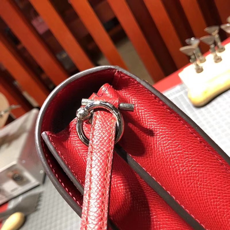 Hermes Roulis19CM 爱马仕中国红原厂Epsom牛皮猪鼻子包单肩斜挎包 银扣