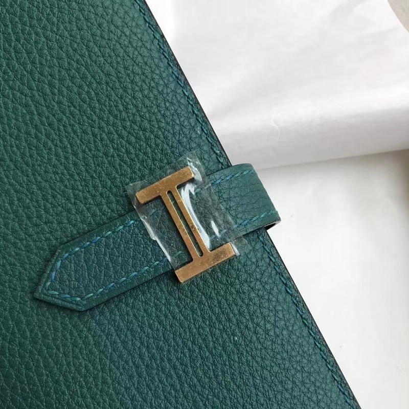 Hermes Bearn钱夹 爱马仕原厂荔枝纹牛皮H扣西装夹钱包 苹果绿 金扣