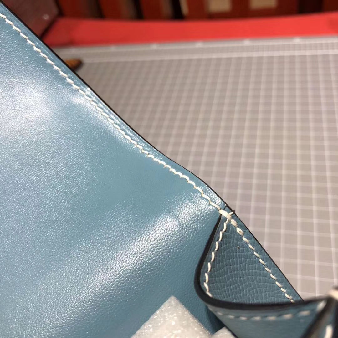 Hermes Constance19CM 爱马仕牛仔蓝原厂epsom牛皮空姐包 金扣