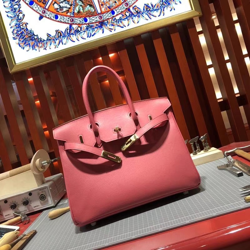 Hermes女包价格 爱马仕原厂Swift牛皮Birkin30铂金包 唇膏粉 金扣