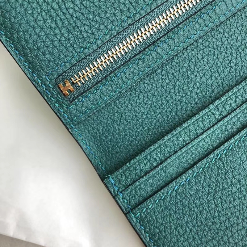 Hermes Bearn钱夹 爱马仕原厂荔枝纹牛皮H扣西装夹钱包 苹果绿 金扣