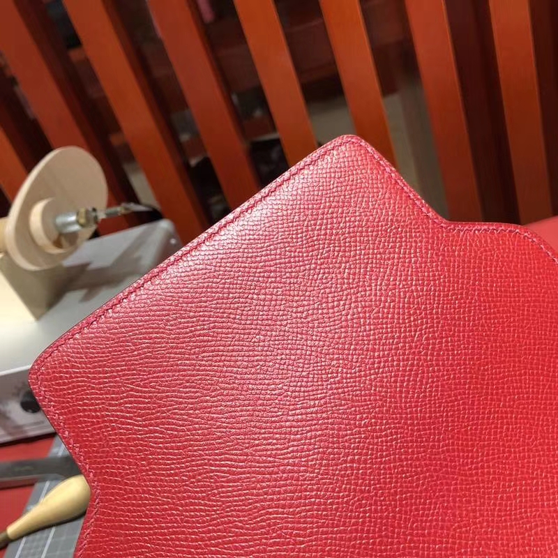 Hermes Roulis19CM 爱马仕中国红原厂Epsom牛皮猪鼻子包单肩斜挎包 银扣