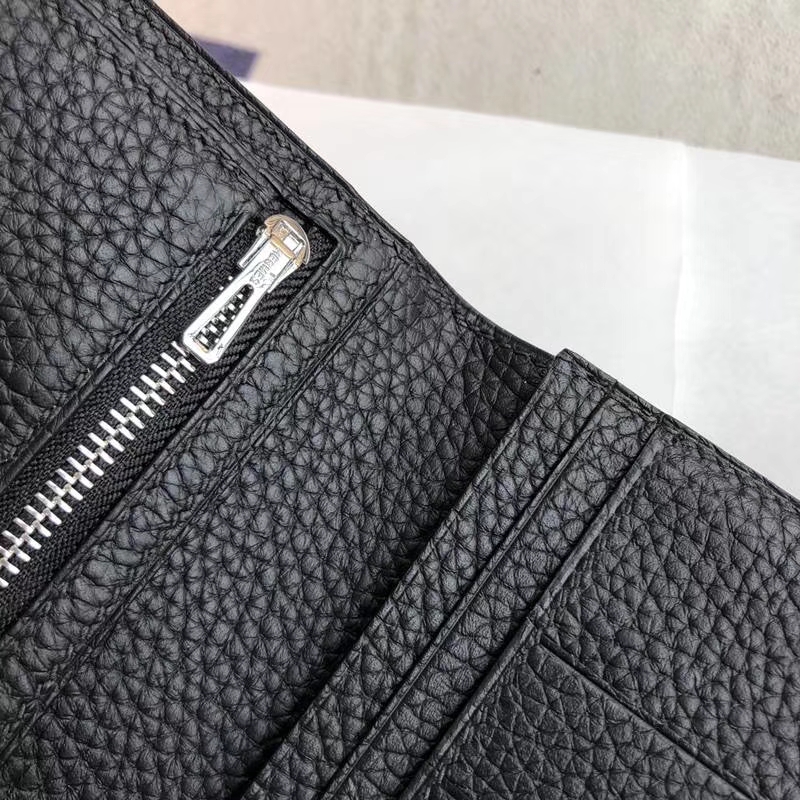 爱马仕钱包批发 Hermes黑色荔枝纹牛皮H扣长款钱夹手包 银扣