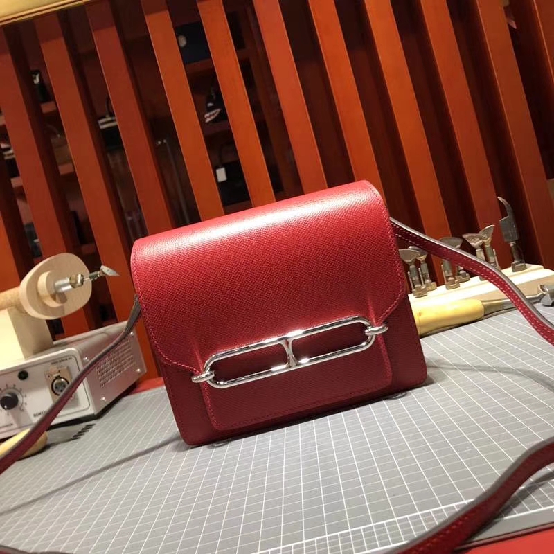 Hermes Roulis19CM 爱马仕中国红原厂Epsom牛皮猪鼻子包单肩斜挎包 银扣