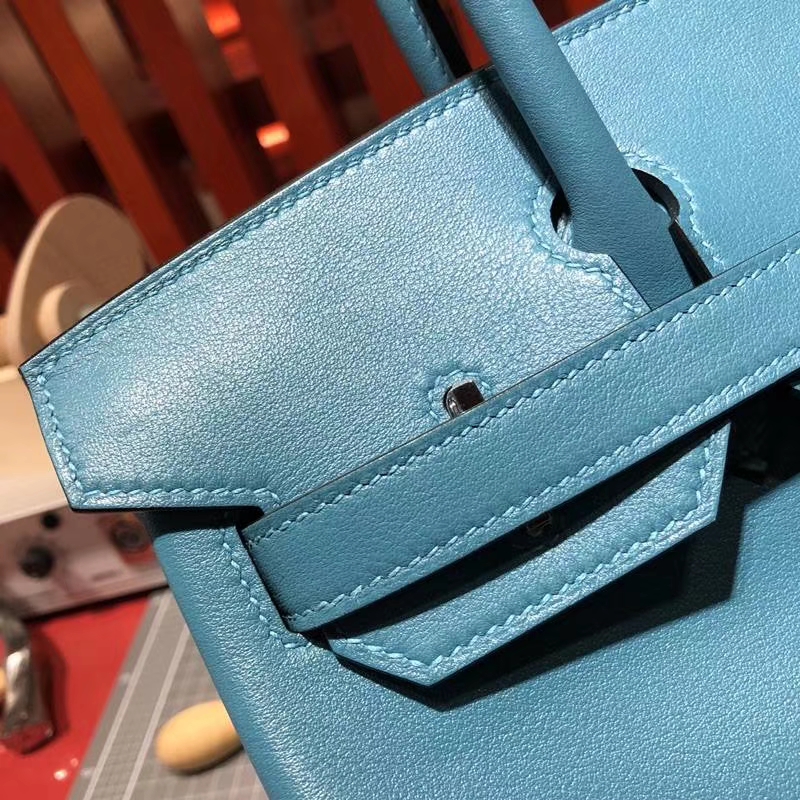爱马仕包包官网 Hermes Birkin30CM 松石蓝原厂Swift牛皮铂金包 银扣