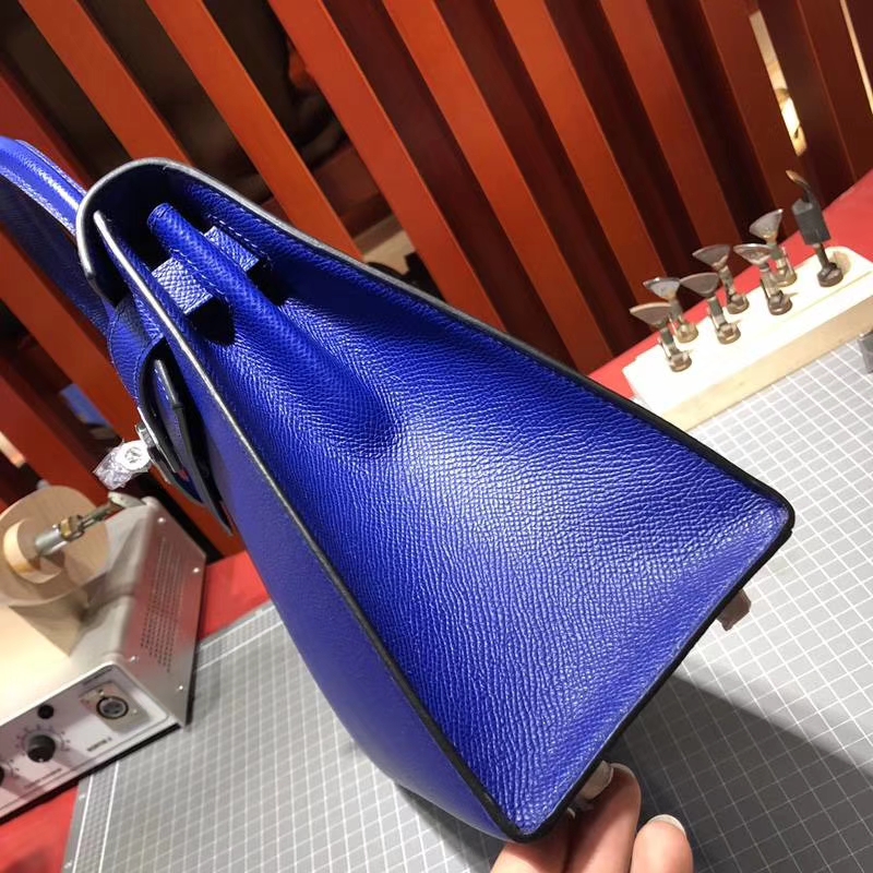爱马仕Kelly包包 Hermes电光蓝十字纹牛皮凯莉包Kelly28CM 银扣