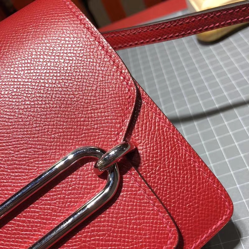 Hermes Roulis19CM 爱马仕中国红原厂Epsom牛皮猪鼻子包单肩斜挎包 银扣