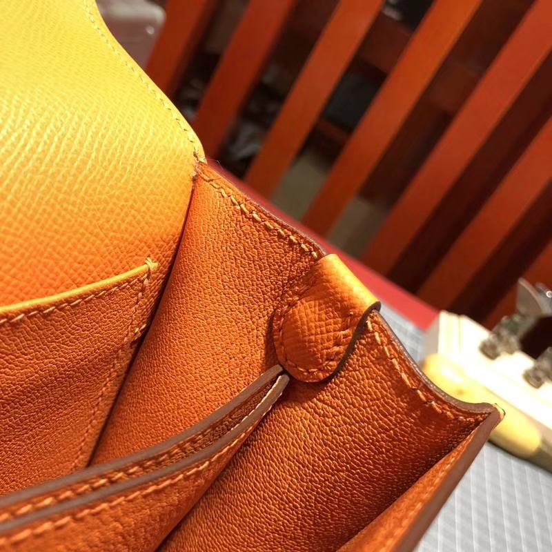 爱马仕猪鼻子包 Hermes Roulis19CM 橙色Epsom牛皮单肩斜挎包 银扣