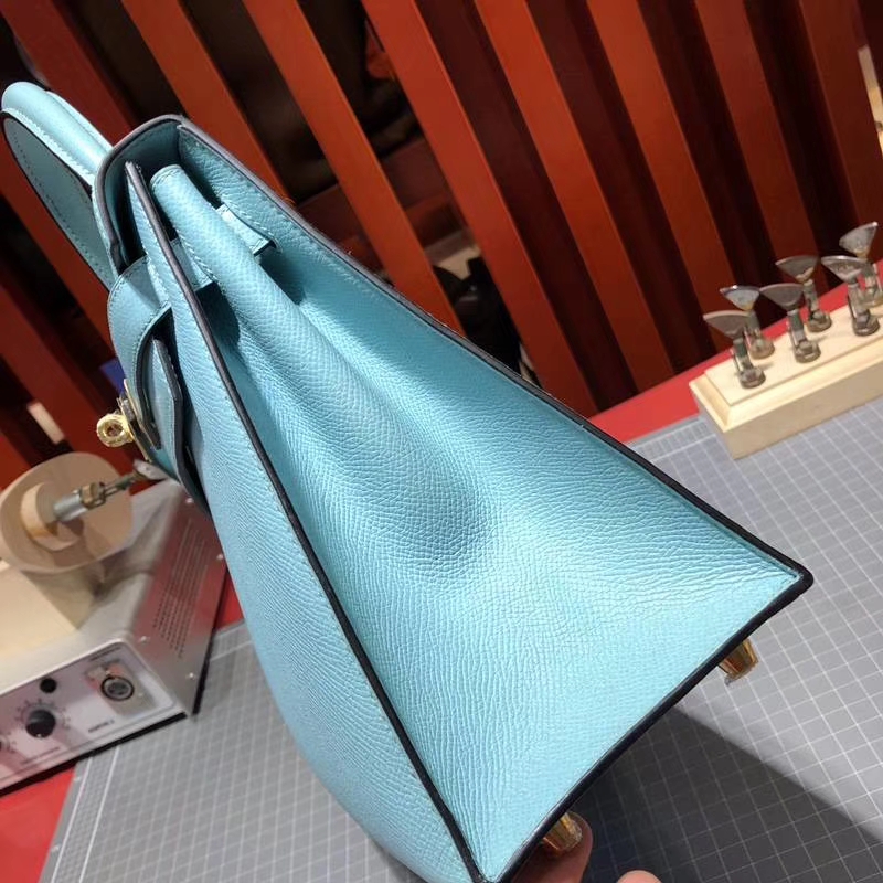 爱马仕凯莉包价格 Hermes Kelly28CM 马卡龙蓝手掌纹牛皮 银扣