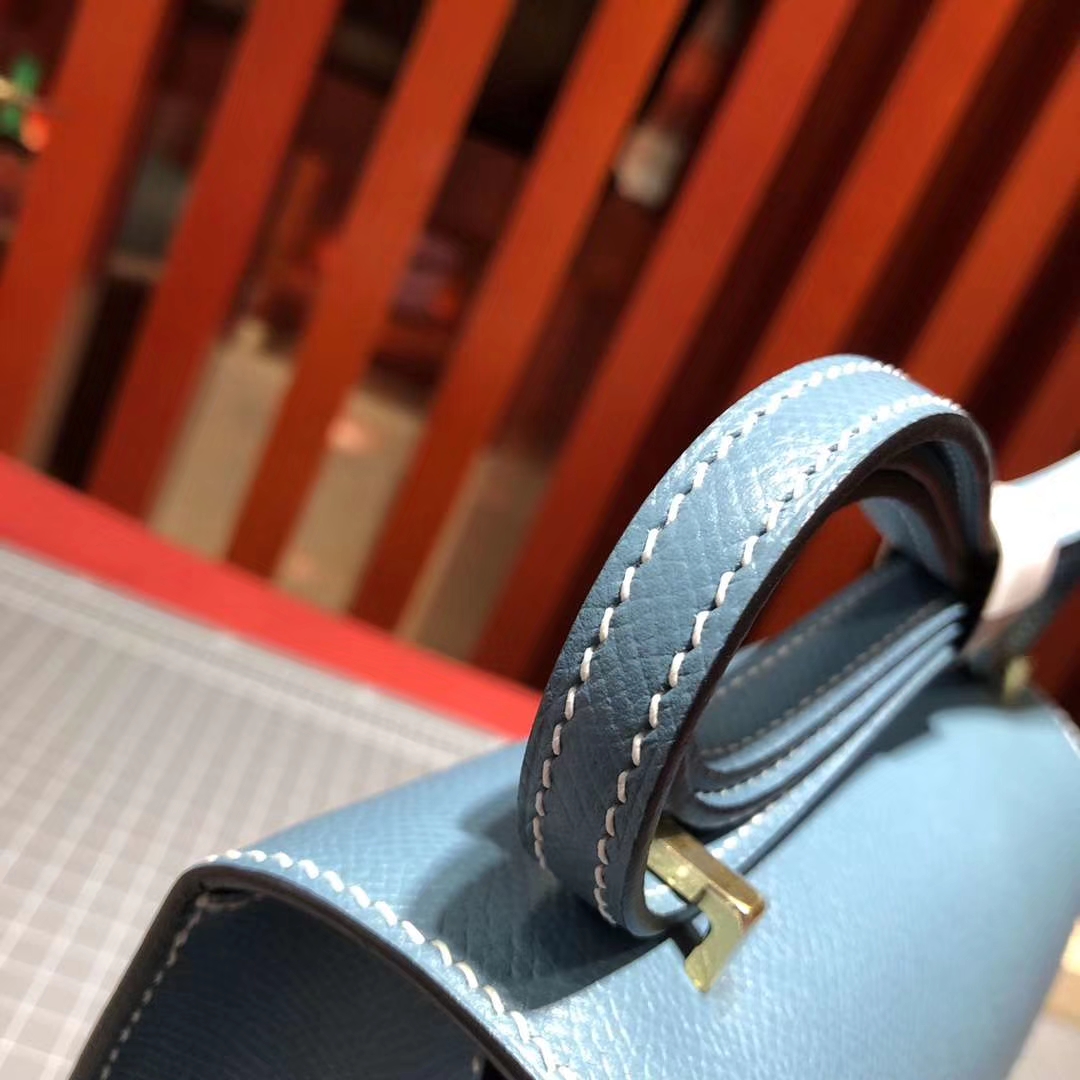 Hermes Constance19CM 爱马仕牛仔蓝原厂epsom牛皮空姐包 金扣