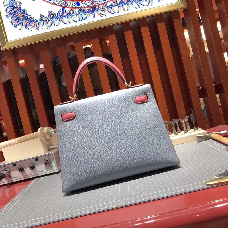 Hermes Kelly28CM 爱马仕冰川蓝拼唇膏粉手掌纹牛皮凯莉包 金扣