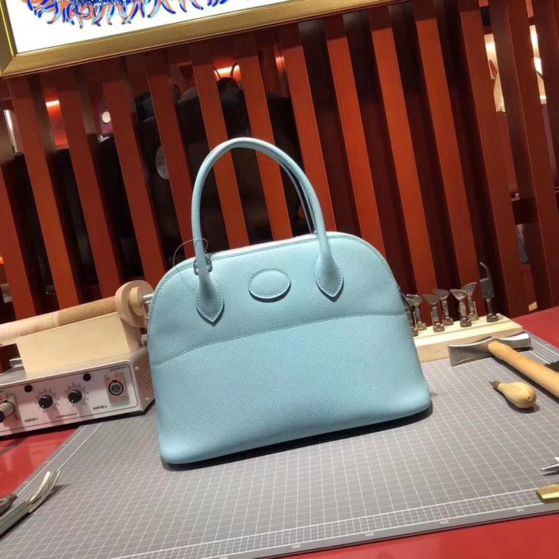 爱马仕包包官网 Hermes Bolide27CM 马卡龙蓝十字纹牛皮保龄球包