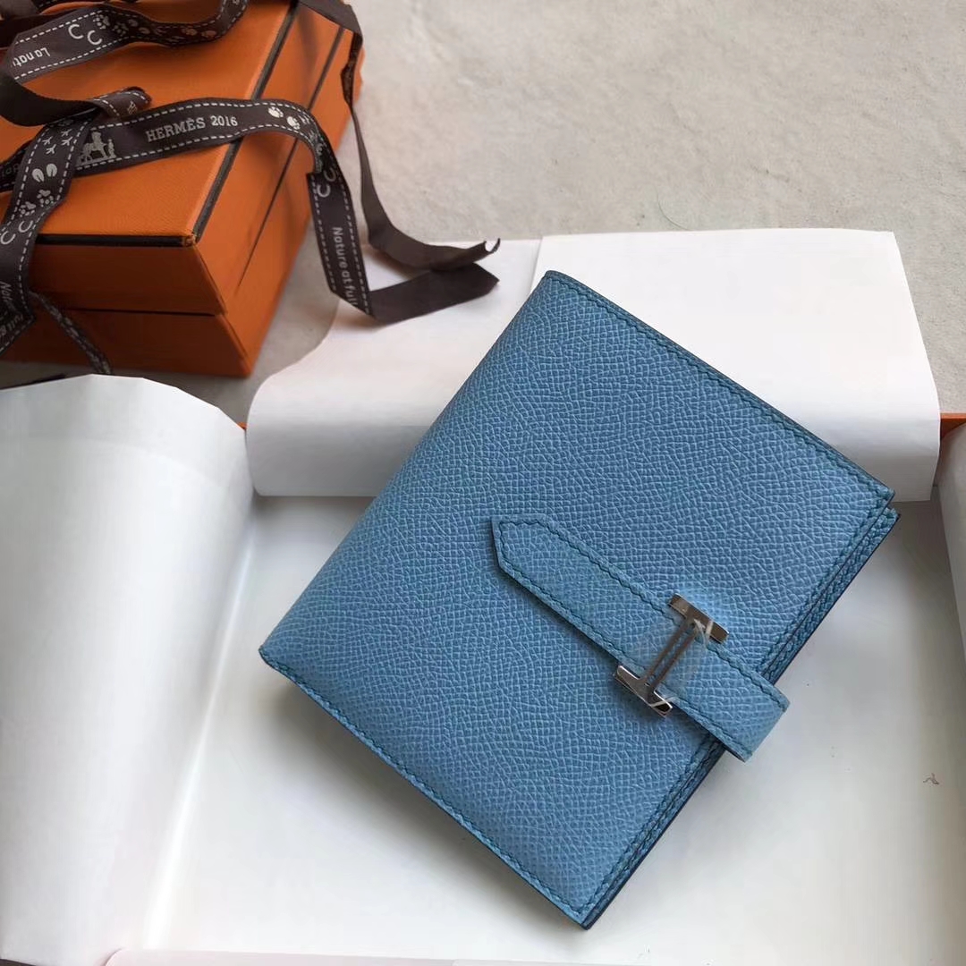 Hermes Bearn钱夹 爱马仕糖果蓝原厂Epsom牛皮短款钱包卡包 银扣