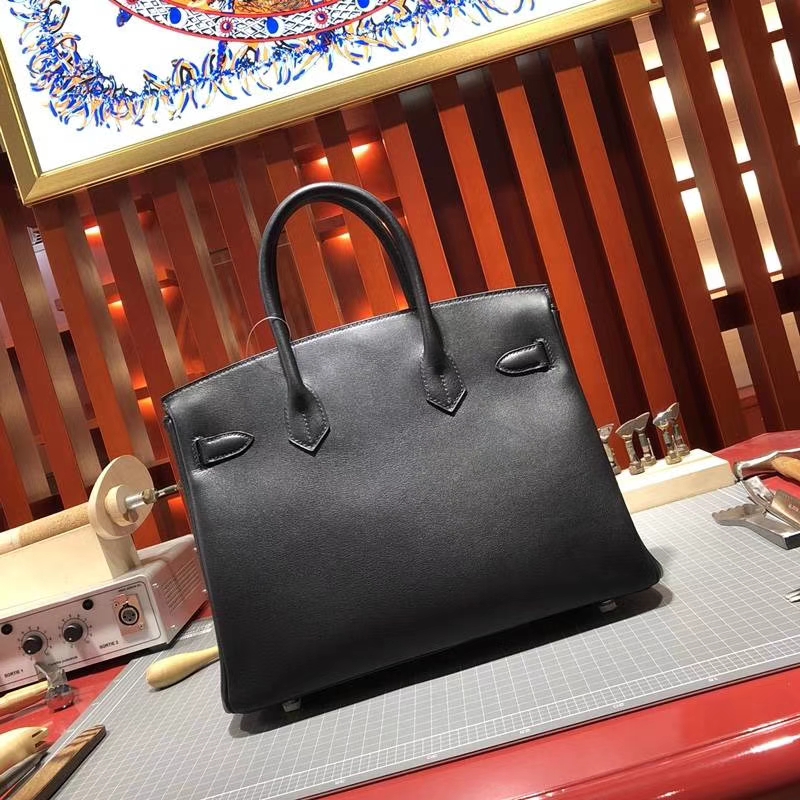 Hermes包包官网 爱马仕原厂Swift牛皮Birkin30铂金包 黑色 银扣