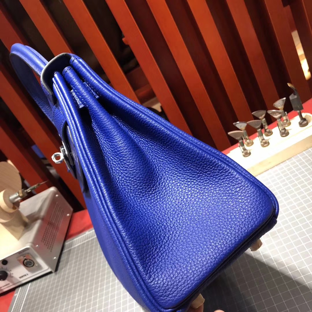 Hermes Kelly28CM 爱马仕7T电光蓝荔枝纹牛皮凯莉包 银扣